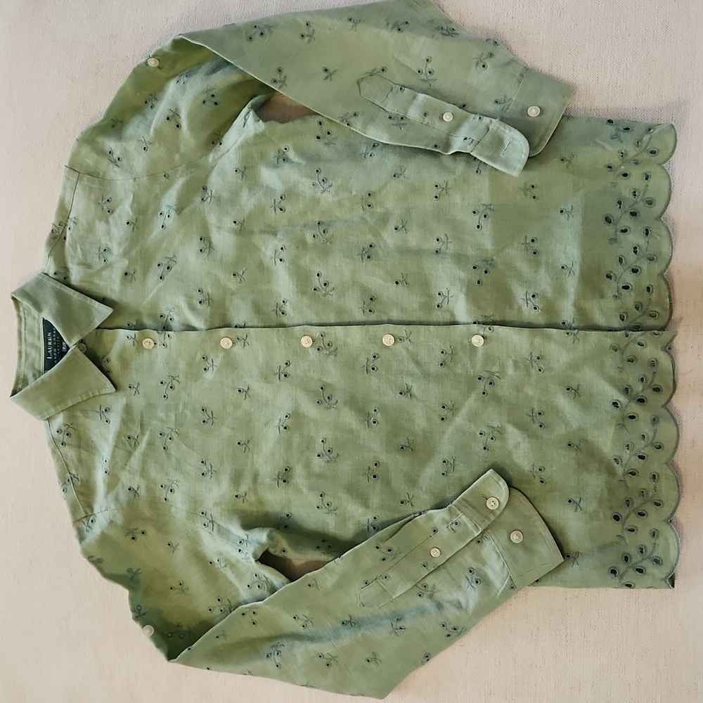 Ralph Lauren Pastel Green Linen Eyelet Roll Tab Long Sleeve Petite